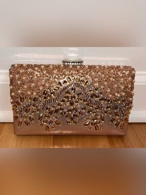 Champagne/Rose Gold Beaded Crystal Evening Clutch Bag with Chain Strap